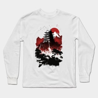 japan old castle - red & black print Long Sleeve T-Shirt